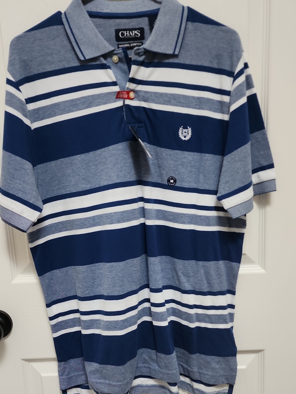 Chaps Size Medium Navy, Gray and White Striped Polo